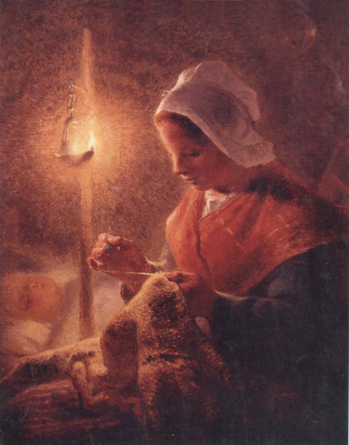 Woman Sewing by Lamplight